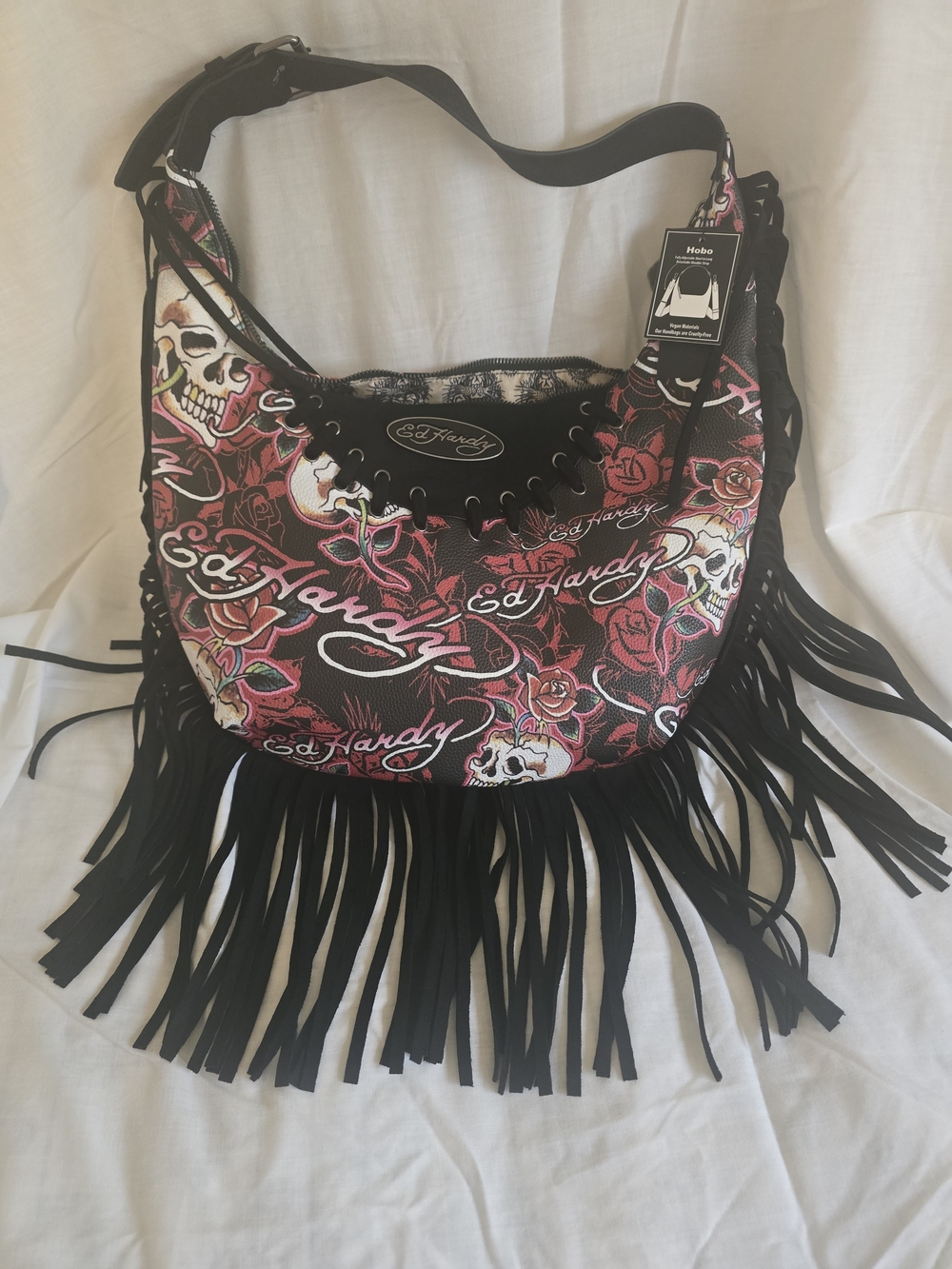 Ed Hardy Black Shoulder Hobo with Pink & Red Floral Skull Print and Fringe